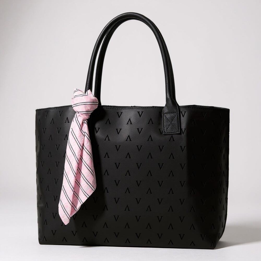 Victoria’s Secret Tote & Scarf Set Black V Logo Pink Accent Bag NWT